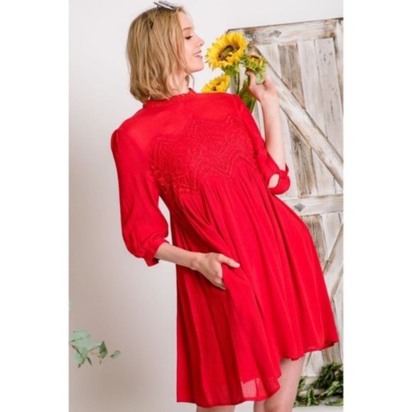 Davi & Dani Detailed Lace Vintage Dress Red - Picture 3 of 11